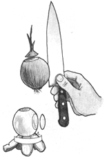A French cook's knife dices an onion: the stalk top is cut off and four or five shallow slits are made down to the root end. The knife's tip flicks out one section of peel and the rest are folded out and twisted off with one turn. The root, where most of the bitter oils that attack your eyes reside, is left, but a slice is taken from the side.